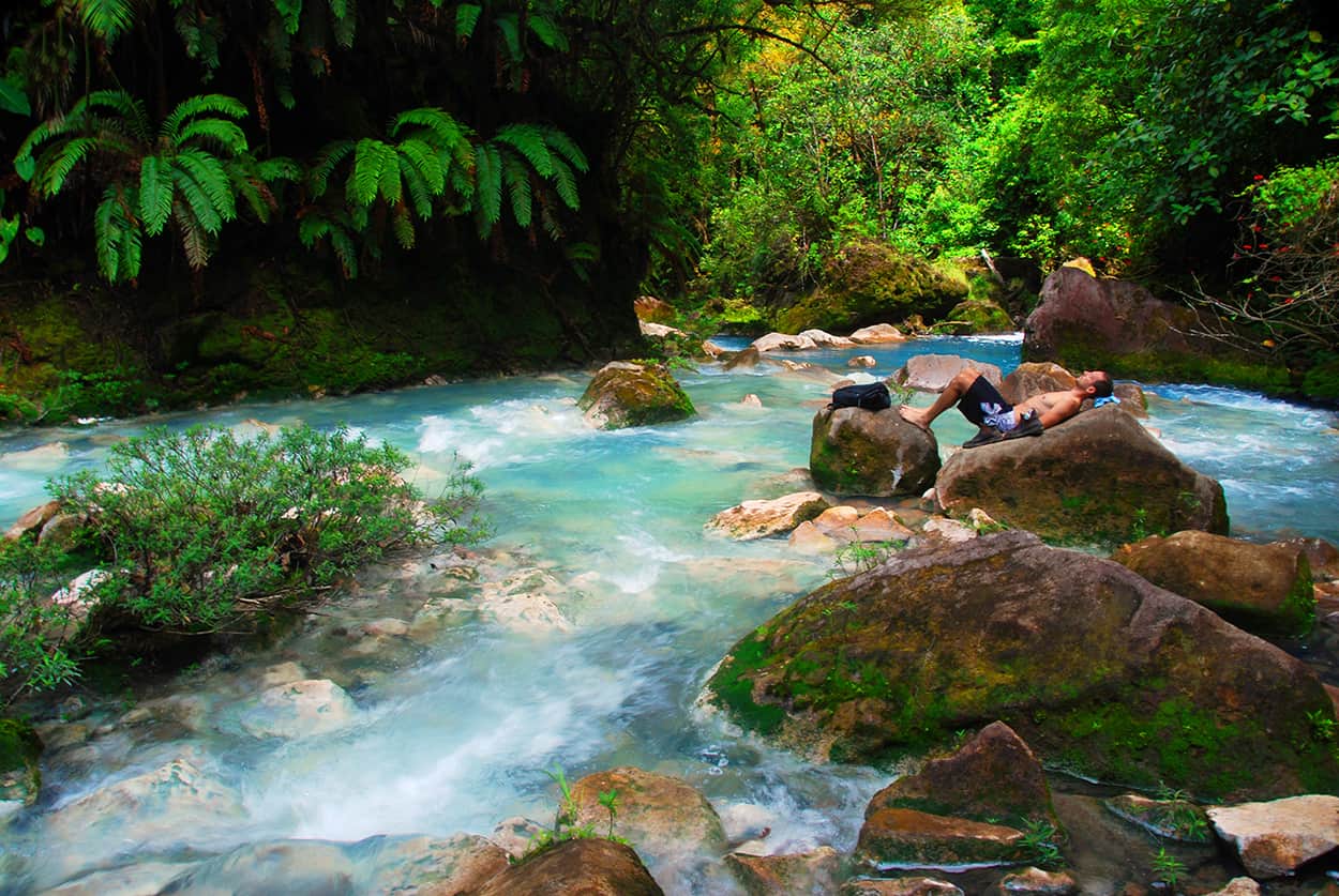 Turquoise water of the Rio Celeste waterfall in Costa Rica